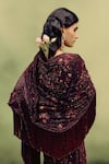 Buy_Dolly J_Burgundy Georgette Beads, Crystals, Sequins, Sangria Gown With Draped Cape _Online_at_Aza_Fashions