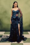 Buy_Dolly J_Navy Tulle Sequins, Embroidery, Feathers Celeste Plume Corset And Skirt Set _at_Aza_Fashions