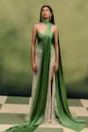 Shop_Dolly J_Green Net Beads, Sequins Sweetheart Neck Slyvan Muse Gown With Drape _at_Aza_Fashions