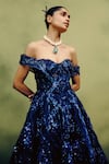 Shop_Dolly J_Navy Organza Embroidery, Sequins Off-shoulder Stellar Noir Ball Gown _at_Aza_Fashions