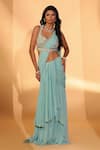 Buy_Kiyohra_Blue Georgette Embroidery Sweetheart Neck Amara Pre-draped Saree With Blouse _at_Aza_Fashions