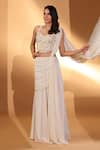 Kiyohra_Ivory Georgette Embroidery, Zari, Pearls Lyra Pre-draped Saree With Blouse _at_Aza_Fashions