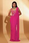 Shop_Kiyohra_Pink Georgette Embroidery, Sequins Square Portia Pre-draped Saree With Blouse _Online_at_Aza_Fashions