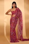 Buy_Kiyohra_Red Lurex, Georgette Bandeau Neck Blake Gardenia Print Saree With Blouse _at_Aza_Fashions
