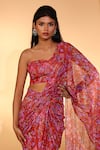 Kiyohra_Red Lurex, Georgette Bandeau Neck Blake Gardenia Print Saree With Blouse _Online_at_Aza_Fashions