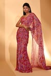 Kiyohra_Red Lurex, Georgette Bandeau Neck Blake Gardenia Print Saree With Blouse _at_Aza_Fashions