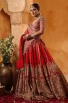 Mehar_Red Silk Embroidery, Zari, Stones V-neck Raw Bridal Lehenga Set _Online_at_Aza_Fashions