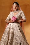 Mehar_Ivory Silk, Net Zari, Embroidery, Sequins V-neck Bridal Lehenga Set _Online_at_Aza_Fashions