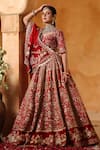 Mehar_Red Velvet Embroidery, Zari Sweetheart Neck Bridal Lehenga Set _Online_at_Aza_Fashions