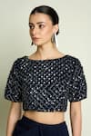 Buy_Aakaar_Navy Crepe Sequins, Beads Boat Neck Net Embellished Blouse _at_Aza_Fashions