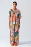 Beachbum_Multi Color Viscose, Shantoon V-neck Geometric Print Top And Pant Set _Online_at_Aza_Fashions