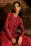 Shop_Mani Bhatia_Red Chiffon, Net Sequins, Stones Round Gigi Embellished Jacket And Sharara Set _Online_at_Aza_Fashions