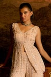 Mani Bhatia_Peach Chiffon, Net Pearls, Sequins, Cinderella Embellished Kurta Sharara Set _Online_at_Aza_Fashions