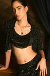 Shop_Mani Bhatia_Black Organza Pearls, Stones, Sequins Coco Embellished Blouse, Jacket And Skirt _Online_at_Aza_Fashions