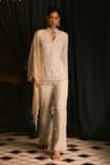 Buy_Mani Bhatia_White Net, Satin Pearls, Perline Embroidered Jacket, Pant And Dupatta Set _Online_at_Aza_Fashions