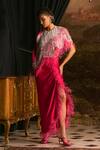 Buy_Mani Bhatia_Fuchsia Satin Sequins, Pearls, Lyonell Embellished Cape And Ruched Skirt Set _at_Aza_Fashions