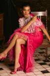 Shop_Mani Bhatia_Fuchsia Satin Sequins, Pearls, Lyonell Embellished Cape And Ruched Skirt Set _Online_at_Aza_Fashions