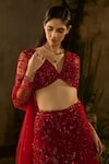 Parul Gandhi_Red Satin, Georgette Embroidery, Rossa Embellished Floral Motif Lehenga Set _Online_at_Aza_Fashions