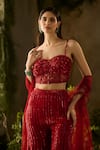 Parul Gandhi_Red Silk Organza Sequins, Beads Sweetheart Neck Rouge Blouse And Pant Set _Online_at_Aza_Fashions