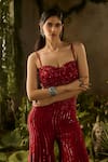 Buy_Parul Gandhi_Red Silk Organza Sequins, Beads Sweetheart Neck Rouge Blouse And Pant Set _Online_at_Aza_Fashions