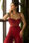 Shop_Parul Gandhi_Red Silk Organza Sequins, Beads Sweetheart Neck Rouge Blouse And Pant Set _Online_at_Aza_Fashions