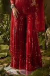 Parul Gandhi_Red Silk Organza Sequins, Beads Sweetheart Neck Rouge Blouse And Pant Set _at_Aza_Fashions