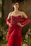 Parul Gandhi_Red Georgette, Organza Sequins, Scarlet Ruffled Pre-draped Saree And Corset Blouse _Online_at_Aza_Fashions