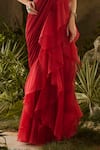 Buy_Parul Gandhi_Red Georgette, Organza Sequins, Scarlet Ruffled Pre-draped Saree And Corset Blouse _Online_at_Aza_Fashions