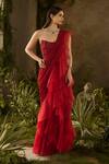 Buy_Parul Gandhi_Red Georgette, Organza Sequins, Scarlet Ruffled Pre-draped Saree And Corset Blouse _at_Aza_Fashions