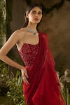 Shop_Parul Gandhi_Red Georgette, Organza Sequins, Scarlet Ruffled Pre-draped Saree And Corset Blouse _Online_at_Aza_Fashions