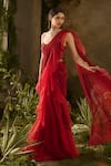 Parul Gandhi_Red Georgette, Organza Sequins, Scarlet Ruffled Pre-draped Saree And Corset Blouse _at_Aza_Fashions