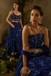 Parul Gandhi_Blue Mesh, Net Sequins, Beads, Aurora Embellished Strapless Blouse Lehenga Set _Online_at_Aza_Fashions
