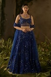 Buy_Parul Gandhi_Blue Mesh, Net Sequins, Embroidery Square Neck Moonlit And Lehenga Set _at_Aza_Fashions