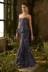 Parul Gandhi_Navy Silk Organza Sequins Celestial Embellished Strapless Corset And Pant Set _at_Aza_Fashions