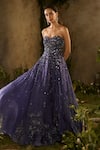Shop_Parul Gandhi_Navy Silk Organza Sequins, Beads, Etherial And Beaded Gown With Jacket _Online_at_Aza_Fashions