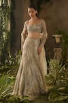 Shop_Parul Gandhi_Cream Silk, Jacquard, Net Sequins, Beads, Molten Luxe And Cutdana Lehenga Set _Online_at_Aza_Fashions
