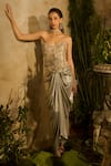 Parul Gandhi_Gold Jacquard, Net Sequins, Beads, Lunaria Embellished Corset And Drape Skirt Set _at_Aza_Fashions