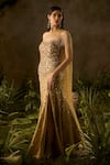 Parul Gandhi_Gold Jacquard Sequins, Beads Sweetheart Neck Elysia And Hand Embroidered Gown _Online_at_Aza_Fashions