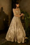 Buy_Parul Gandhi_Beige Jacquard, Net Embroidery, Sequins, Beads Champagne Blouse Lehenga Set _Online_at_Aza_Fashions