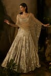 Shop_Parul Gandhi_Beige Jacquard, Net Embroidery, Sequins, Beads Champagne Blouse Lehenga Set _Online_at_Aza_Fashions