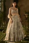 Buy_Parul Gandhi_Beige Jacquard, Net Embroidery, Sequins, Beads Champagne Blouse Lehenga Set _at_Aza_Fashions