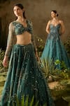 Buy_Parul Gandhi_Emerald Green Satin, Organza Beads, Sequins, Enigma Blouse And Lehenga Set _Online_at_Aza_Fashions