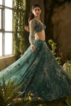 Parul Gandhi_Emerald Green Net, Silk, Mesh Sequins, Beads, Mystic Moss Blouse Lehenga Set _at_Aza_Fashions