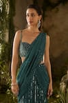 Parul Gandhi_Olive Green Silk Organza Sequins, Opulent Blouse And Pre-draped Saree Set _Online_at_Aza_Fashions