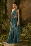 Buy_Parul Gandhi_Olive Green Silk Organza Sequins, Opulent Blouse And Pre-draped Saree Set _Online_at_Aza_Fashions