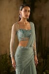 Parul Gandhi_Teal Georgette Sequins, Beads, Embroidery Square Neck And Beadwork Saree Set _Online_at_Aza_Fashions
