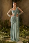 Buy_Parul Gandhi_Teal Georgette Sequins, Beads, Embroidery Square Neck And Beadwork Saree Set _at_Aza_Fashions