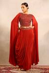 Shop_Sejal Kamdar_Red Silk, Crepe Embroidery, Cut Work Round Neck Ajrakh Cape Blouse And Skirt _Online_at_Aza_Fashions