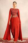 Sejal Kamdar_Red Silk, Crepe Embroidery, Cut Work Round Neck Ajrakh Cape Blouse And Skirt _at_Aza_Fashions