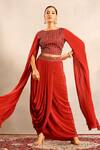 Buy_Sejal Kamdar_Red Silk, Crepe Embroidery, Cut Work Round Neck Ajrakh Cape Blouse And Skirt 
